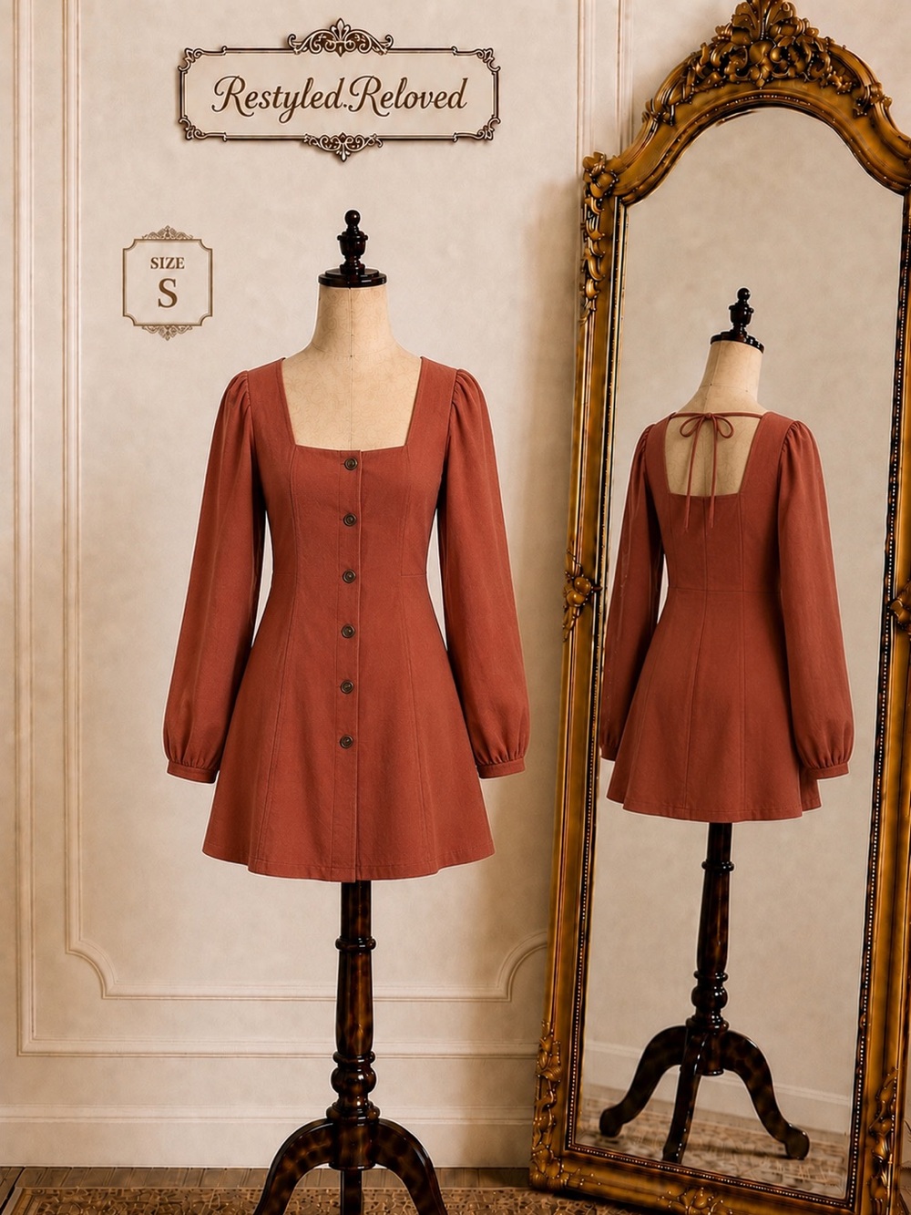 D.ARK Rust Cotton Blend Square Neck Mini Dress | Size Small